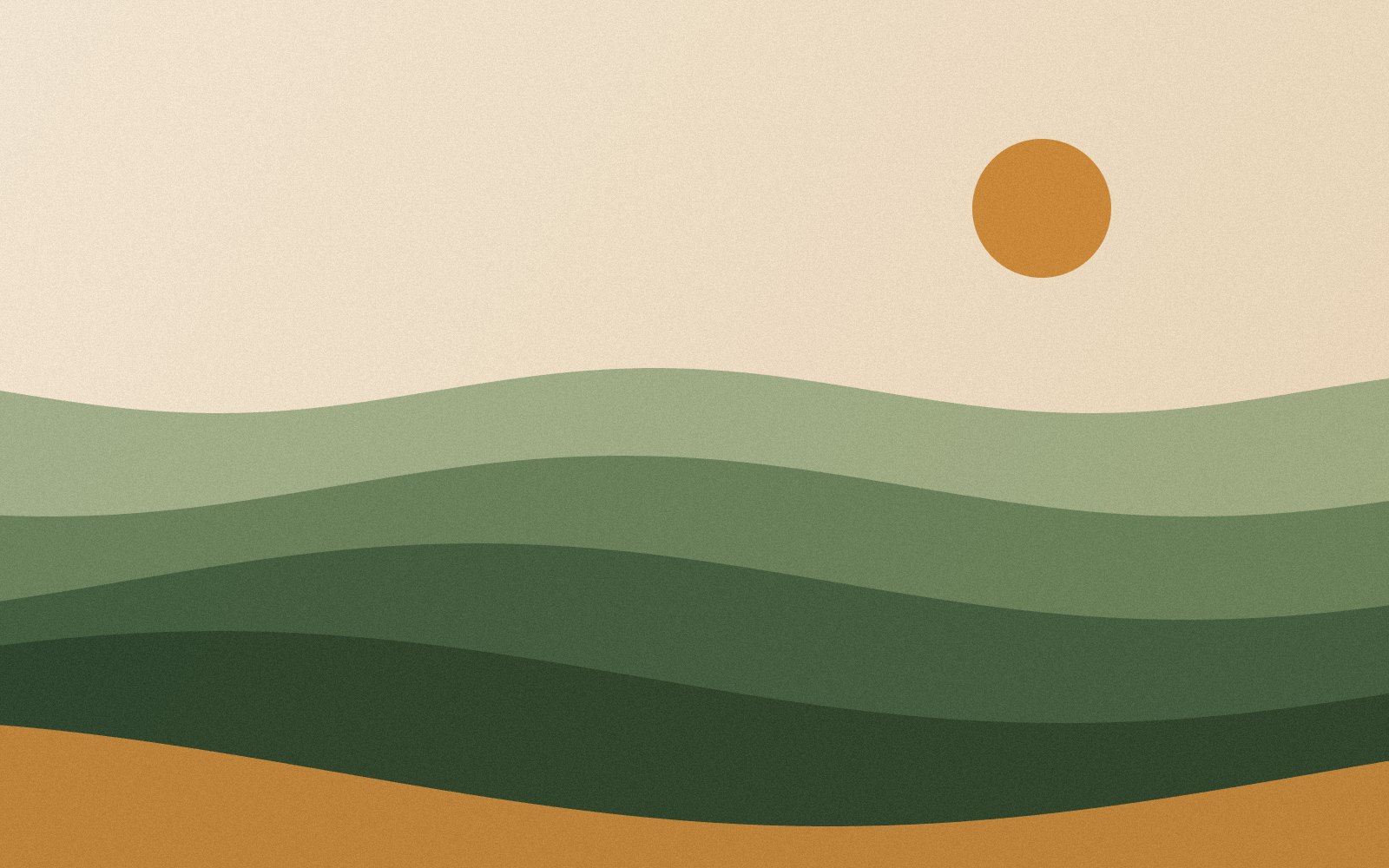A stylized illustration of rolling hills and a sun in shades of green, brown, and beige.